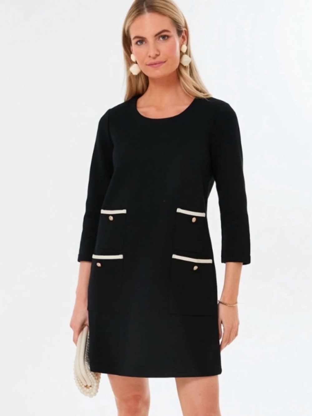 Tuckernuck Black Francoise Mod Mini Shift Dress with Cream Trim. Size medium